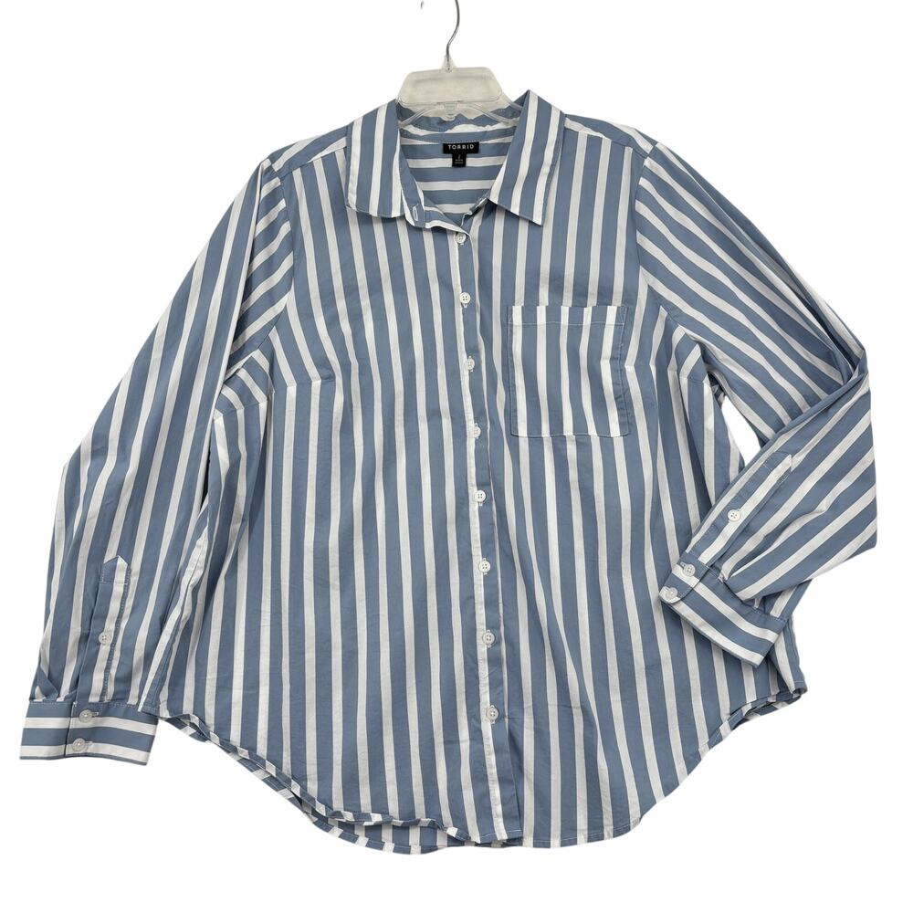 Torrid Madison Shirt Size 2X Blue White Stripe Poplin Button-Up Long Sleeve `